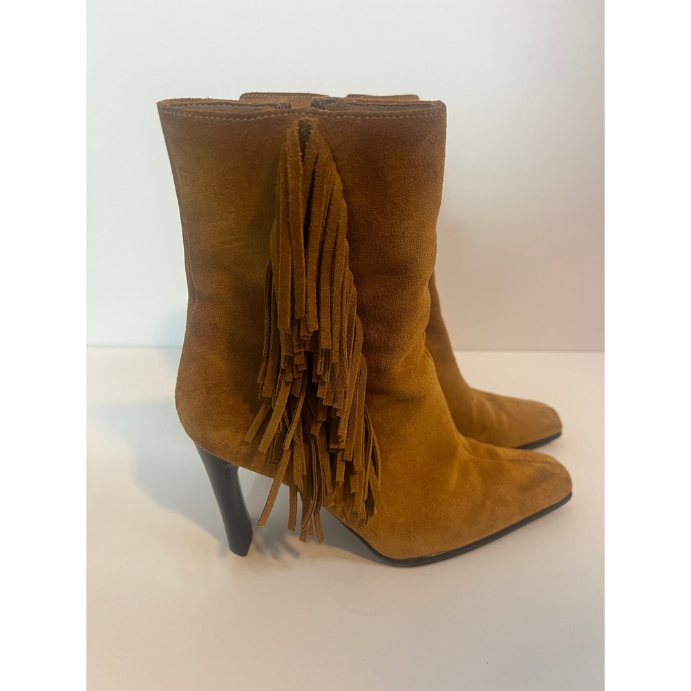 Predictions Leather Collection Tan Suede Fringe Square Toe Ankle Boots Womens 9 - Picture 3 of 7